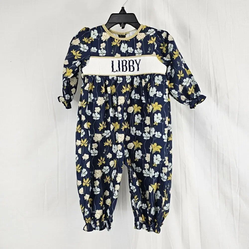 Sugar Dumpling Kid Smocked Floral Blue Libby Bubble Jumpsuit Romper Babygirl 12m